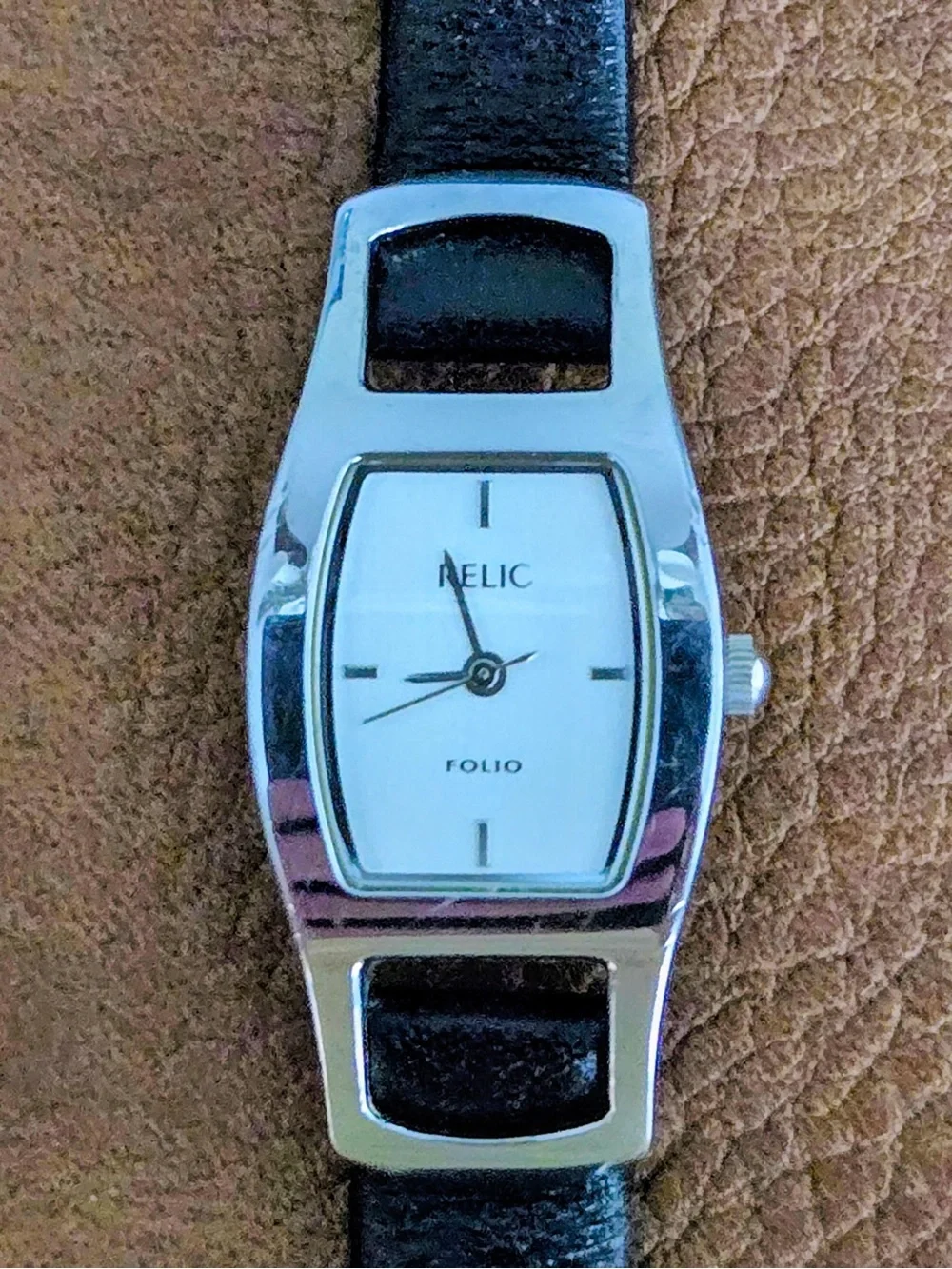 Relic Silver tone Classic Black Leather Strap Watch